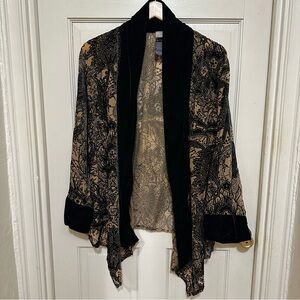 CHICOS Velvet Black and Beige Burnout Patterned Open Cardigan